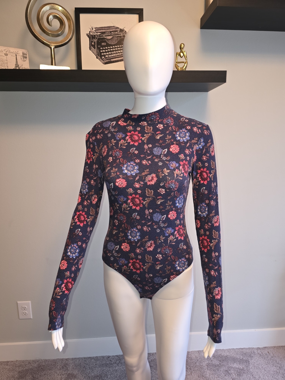 Forever 21 Navy Floral Long-Sleeve Mock Neck Bodysuit